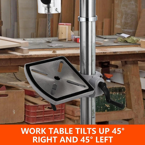 13 Inch Floor Drill Press With 7.5A Motor, Heavy Duty Cast Iron Construction For Wood And Metal Work. Adjustable work table tilts 45°.
