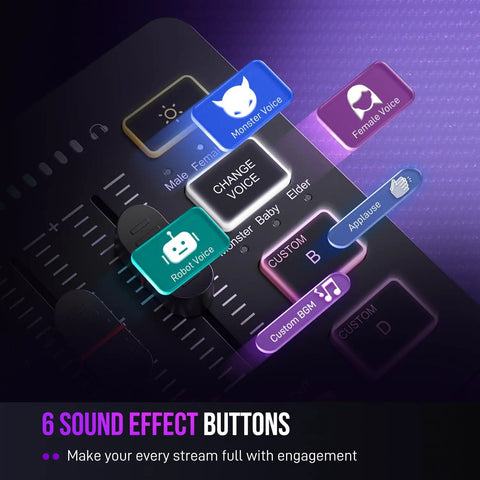 Close-up of Streaming Ready Gaming Audio Mixer With RGB PC Interface showing sound effect buttons and controls.