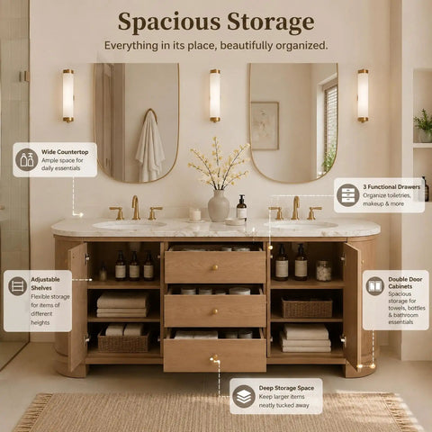 Lowkey Stunning 94 Inch Freestanding Double Sink Bathroom Vanity With Real Marble Top And Super Roomy Drawers For A Straight Up Clean Setup That Keeps Daily Essentials Well Organized, featuring wide countertop and functional storage.