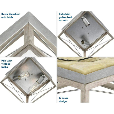 Super Versatile Two Light Flush Mount Ceiling Light Fixture Ideal For Kitchen Lights Hallway Bedroom Living Room Stairwells Entryways Creates Warm Inviting Atmosphere With Unique Design Galvanized Finish Twelve Inch By Six Inch, featuring galvanized accents and X-brace design with vintage bulbs in rustic oak finish.