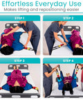 Vive Light Transfer Sling For Showering And Home Care steps demonstrating secure lifting of a patient from bed using durable mesh.