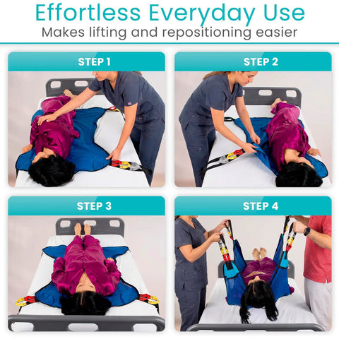 Vive Light Transfer Sling For Showering And Home Care steps demonstrating secure lifting of a patient from bed using durable mesh.