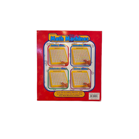 alt tag: Easy Peasy Addition Machine Electronic Adapter For Classrooms Durable Plastic Build One Hand Operated Compact Nine Point Five Inch Long Battery Free Manual Multipurpose Math Game Changer displayed on a red background with other math tools.