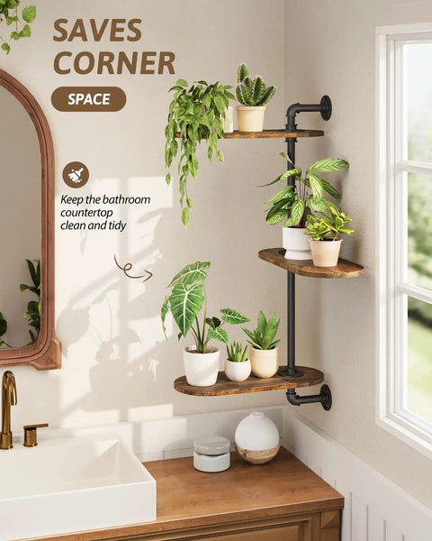 Heavy Duty Wooden Three Tier Window Sill Plant Stand Featuring A Smooth Rotating Rack To Show Off Your Houseplants And Clear Up Space Without Breaking A Sweat Today, displayed in a corner with potted plants.