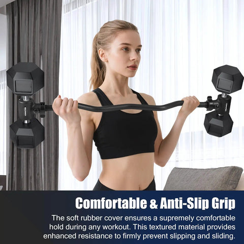 Person using EZ Curl Bar Adapter to turn dumbbells into a full barbell with 200Lb capacity for home gym workouts.