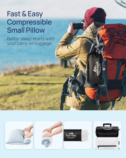Traveler with backpack carrying Ultra Compact Cooling Memory Foam Travel Pillow For Airplanes And Cars on a scenic journey
