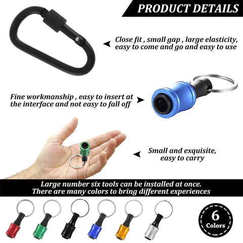 1/4 Inch Hex Shank Bit Holder Keychain For Drill Bits Portable Aluminum Alloy Quick Change shown in various colors.
