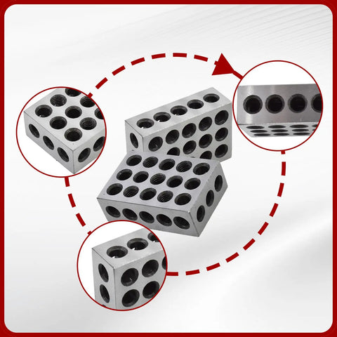 1 X 2 X 3 Inch Hardened Steel Machinist Blocks Matched Pair With 23 Holes Precision Ground On All Sides For Accurate Squareness Beefy Milling Setup Blocks Built Tough For Reliable Long Lasting Accuracy. close-up of hardened steel machinist blocks
