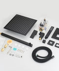 Components of Matte Black Shower System With 12 Inch Rain Shower Head And Handheld Combo, faucet set, valve, and hardware.