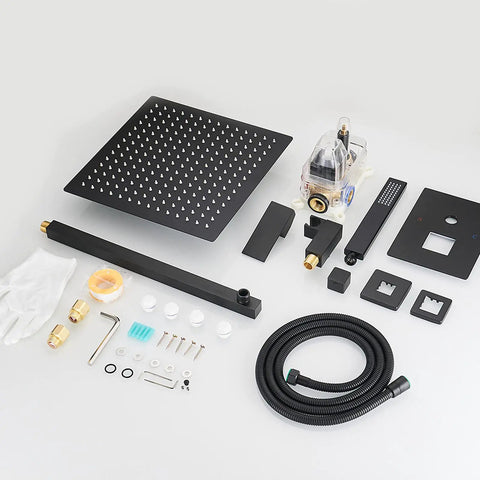 Components of Matte Black Shower System With 12 Inch Rain Shower Head And Handheld Combo, faucet set, valve, and hardware.