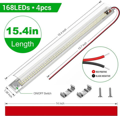 Diagram of a 15.4in 12V LED Interior Light Bar for Trailers and RVs, showing dimensions, wiring, and mounting accessories.