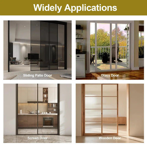 No More Door Bangs Heavy Rubber Sliding Stopper Replaces D1802 shown on sliding patio, glass, screen, and wooden doors.