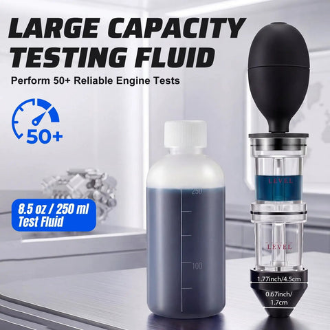 Dual Chamber Head Gasket Tester Kit With 8.5oz Testing Fluid For Gas And Diesel Engines, Color Change Indicator, Quick Leak Diagnostics, Over 50 Tests Per Bottle, Car Truck Repair Tool For Pros And DIYers, 8.5 oz fluid bottle and tester