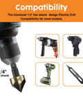 Five Piece HSS Countersink Drill Bit Set With Hex Shank For Wood And Metal, one quarter inch size, drill compatibility