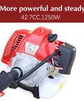 Close-up of Beast Power Gas Pole Saw engine, 42.7cc, 1250W, showing red cover and handle, part of long reach tree trimmer