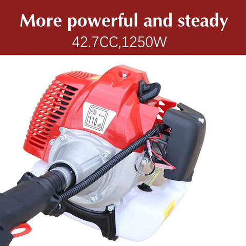 Close-up of Beast Power Gas Pole Saw engine, 42.7cc, 1250W, showing red cover and handle, part of long reach tree trimmer
