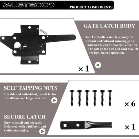 Heavy Duty Gate Latch For Wood Fence Featuring A Self Locking Automatic Release And A Durable Black Coating gate latch components layout.