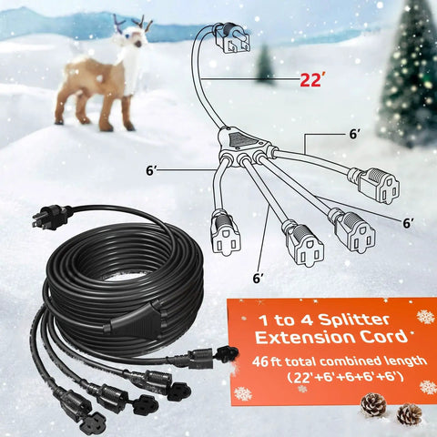 Black 4 Outlet Extension Cord Splitter for Indoor Outdoor Use, 46 Ft Total Length, 16/3 Gauge, with weatherproof covers