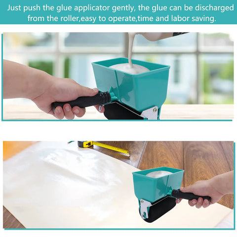 Heavy Duty Wood Glue Roller Applicator Featuring Smart Flow Control Dial applying glue evenly on surface.