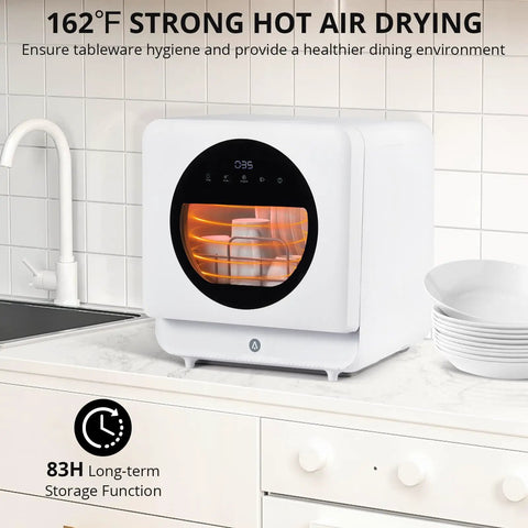 Portable Countertop Dishwasher With Six Wash Cycles Triple D Spray Arms And High Temp Drying with hot air drying feature visible.