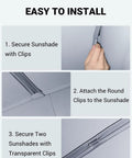 Motrobe Tesla Model Y sunshade roof, gray fabric; installation steps with round and transparent clips.
