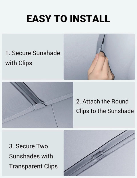 Motrobe Tesla Model Y sunshade roof, gray fabric; installation steps with round and transparent clips.