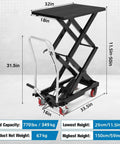 Heavy Duty Hydraulic Lift Table Cart With 770 Lbs Load Capacity And 50 Inch Height, showing dimensions and features for easy moving.