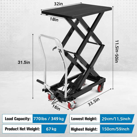 Heavy Duty Hydraulic Lift Table Cart With 770 Lbs Load Capacity And 50 Inch Height, showing dimensions and features for easy moving.
