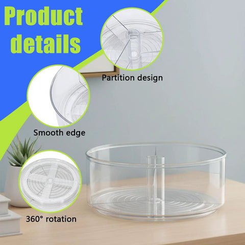 Straight Up Smooth Lazy Susan Turntable Organizer Featuring Ultra Glide Rotation And Smart Three Compartment Design For Zero Hassle Vitamin Pill Medicine Storage On Bathroom Vanities Or Kitchen Counters, clear plastic design showing partition and smooth edges.