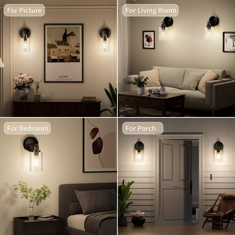 Modern Black Wall Sconce With Sleek Led Fixtures Compact Indoor Lighting Perfect For Bedroom Bathroom Or Hallway Decor shown in bedroom, living room, and porch settings.
