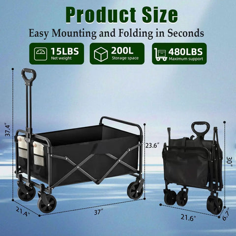 Heavy Duty Collapsible Wagon Cart Foldable 37 Inch Long Frame With 480 Lb Capacity For Grocery Camping Beach Shopping