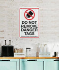 Industrial Grade Aluminum Safety Sign 8x12 Inch No Tampering Lockout Caution Plaque on brick wall indoors.