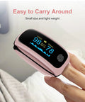 Go To Finger Pulse Oximeter With SpO2 And Pulse Rate Monitoring being used on a finger, showing OLED display readings