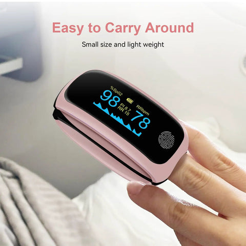 Go To Finger Pulse Oximeter With SpO2 And Pulse Rate Monitoring being used on a finger, showing OLED display readings