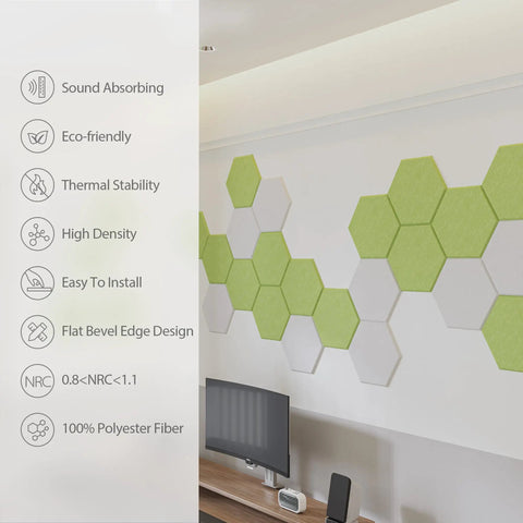 Pro Level Hexagon Acoustic Panels Featuring Rock Solid Self Adhesive Backing Bringing Killer Sound Dampening for No Fuss Wall And Ceiling Install Upgrading Your Home Office Setup Now on a modern wall.