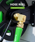90 Degree Hose Elbow With 360 Degree Swivel 3/4 Inch GHT Garden Hose Connector And Adapter Solid Brass Water Hose Fittings For RV Outdoor Faucet Spigot No Fuss Install Easy Hookup 1 Pack connected to hose reel