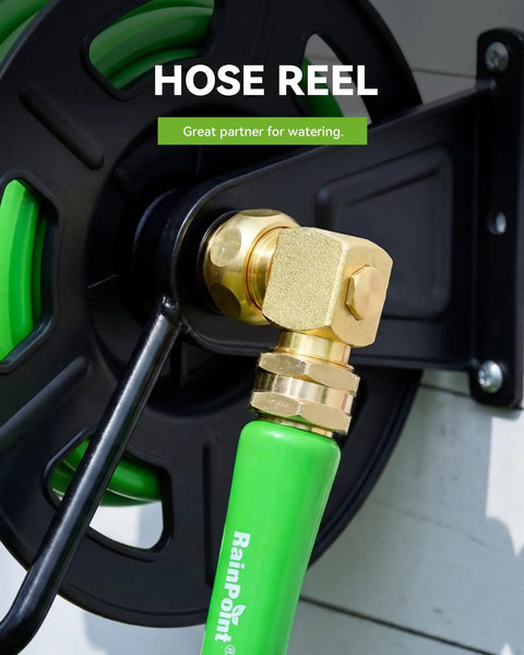 90 Degree Hose Elbow With 360 Degree Swivel 3/4 Inch GHT Garden Hose Connector And Adapter Solid Brass Water Hose Fittings For RV Outdoor Faucet Spigot No Fuss Install Easy Hookup 1 Pack connected to hose reel