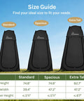Size guide for Pop Up Shower Tent For Camping with Standard, Spacious, and Extra Tall measurements.
