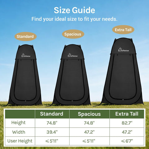 Size guide for Pop Up Shower Tent For Camping with Standard, Spacious, and Extra Tall measurements.