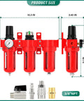 Heavy Duty Three Stage Air Drying System For Compressors Featuring Coalescing Filter Integrated Desiccant Dryer And Adjustable Pressure Regulator, showing dimensions in inches, red aluminum build.