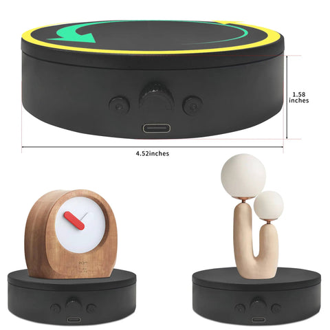 ComXim 4.53 Inch Black Rotating Display Stand Electric Turntable Spinning Platform With Adjustable Speed For Jewelry And Shoes Perfect Lazy Susan Photography Prop Easy To Switch Direction Compact Design with decorative objects.