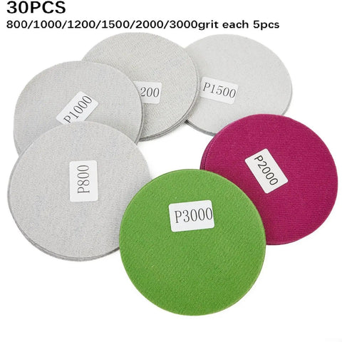 JurwheeR 30 Piece Wet Dry Sanding Discs With Hook And Loop For Auto Paint Polishing Fine Mirror Finish 800 To 3000 Grit Silicon Carbide Stones, assorted grit sizes.