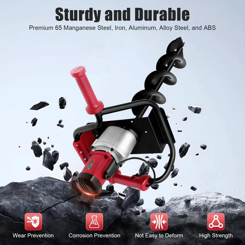 Powerful Pro Grade Electric Post Hole Digger 1500W Earth Auger Drill with 4 Inch and 6 Inch Bit Set on rocky surface