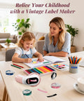 Vintage Embossing Label Maker With Six Adhesive Tape Rolls Manual Typewriter Style Sticker Gun used by mother and child for arts.