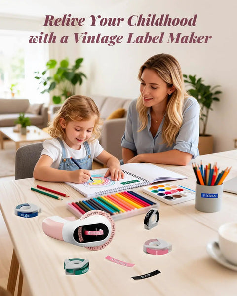 Vintage Embossing Label Maker With Six Adhesive Tape Rolls Manual Typewriter Style Sticker Gun used by mother and child for arts.