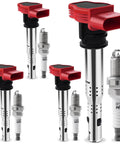 Ignition Coil Packs And Iridium Spark Plugs Set Drop In For 2.0L L4 Engines Fits 2005-2018 Audi A3 A4 A5 A6 Q3 Q5 TT And 2006-2017 VW CC Eos GTI Golf Jetta Passat Tiguan UF529 4464 Replacement image showing red ignition coil packs and spark plugs.