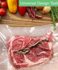 Steak sealed in Two Pack 11x50 Inch Vacuum Sealer Bags Rolls, 100 Feet Total, BPA Free, with herbs and vegetables beside.
