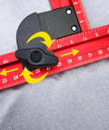 Adjustable Router Jig For Cutting Boards And Grooves, Square Template Guide With A 23.6 By 23.6 Inch Frame, Precise, Easy To Use Woodworking Jig For Perfect Grooves In Red, showing close-up of ruler markings in red.