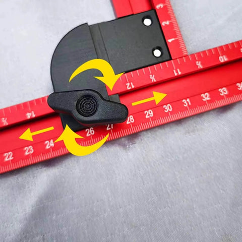 Adjustable Router Jig For Cutting Boards And Grooves, Square Template Guide With A 23.6 By 23.6 Inch Frame, Precise, Easy To Use Woodworking Jig For Perfect Grooves In Red, showing close-up of ruler markings in red.