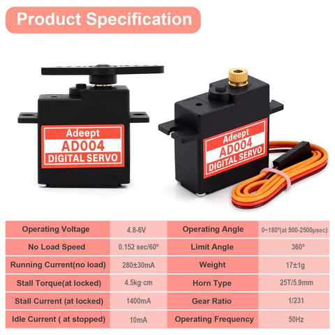 Beefy Micro Digital Servo With All Metal Gears 4.8 Kg Cm Torque At 6V Fast 0.152 Seconds Per 60 Degrees 25T Servo Arm For RC Crawler Cars Boats Drones Robots Two Pack, AD004 servo with cable and horn
